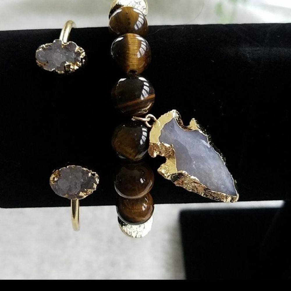 Tigers Eye and Quartz Bracelet Set